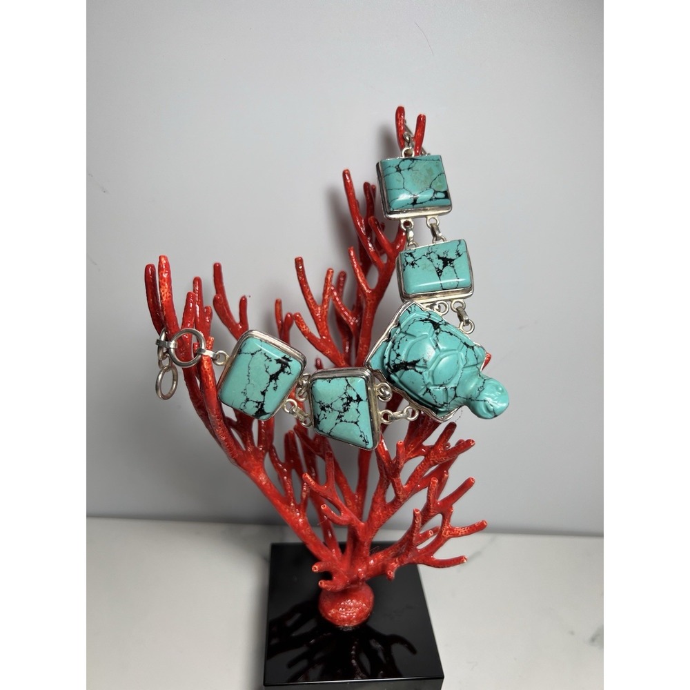 VTG Sterling Silver 925 Turquoise Stone Turtle Center Piece Link Bracelet